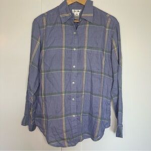 Jones New York Sport Plaid Button-Up Shirt Medium 100% Linen Blue Long Sleeve